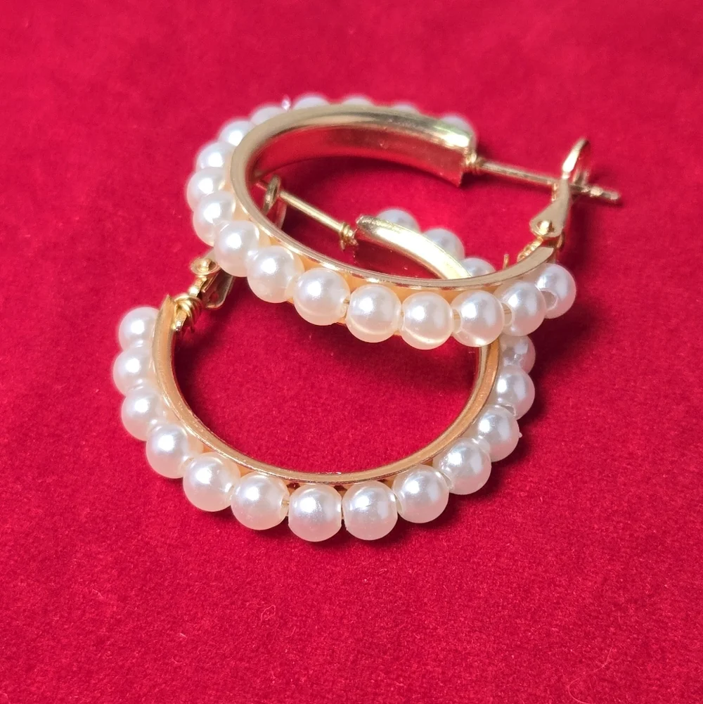Gold Pearl Hoop Earrings Faux Pearl Trim Hinged Hoops Elegant Quiet Luxury Chic